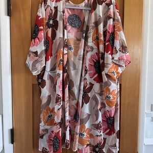 Pink, Brown and Orange Floral Flowy Coverup Shawl Caftan - one size